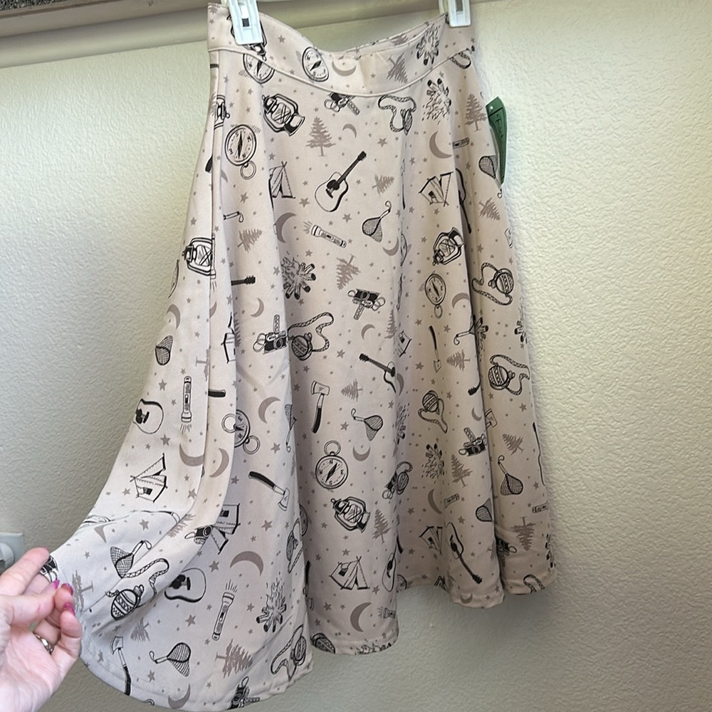 NWT Rock Steady Campfire Print Skirt M Retro Camping Guitars Cottagecore A-line